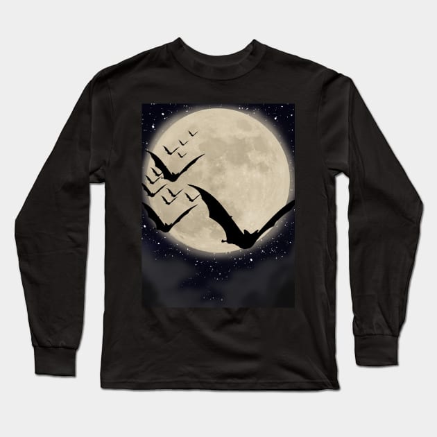bats flying in moon light Long Sleeve T-Shirt by laussengram13